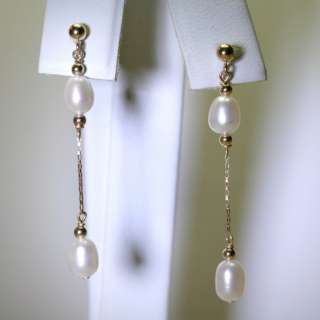 14k gold natural WHITE PEARL fancy dangle drop earrings  