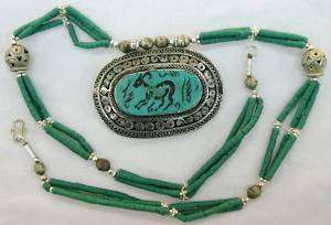 TURKOMAN ETHNIC TRIBAL DEER INTAGLIO GREEN TURQUOISE SILVER NECKLACE 