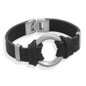 Stainless Steel Black Leather Mens Ring Bracelet  