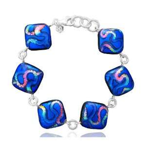   Glass Blue Swirl Pattern on Diamond Shaped Links Bracelet, 8 Jewelry