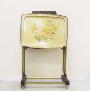   Vtg 70s 60s Yellow Flowers 3 TV Trays Set & Wheeled Stand tacky  