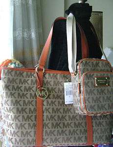 Michael Kors Monogram Bag Tote Leather Gold Orange Brown XL Travel 