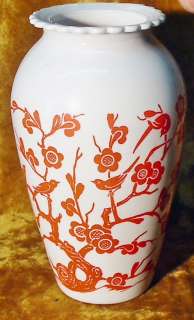 Vintage Anchor Hocking Milk Glass Red Prunus Blossom Vase 9 High 