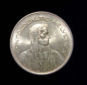 Switzerland 1965 B 5 Francs Coin Silver BU William Tell  