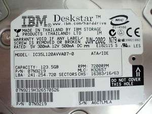 IBM IC35L120AVVA07 0 07N9219 MLC/H32657 FWVA60A52A 123.5GB IDE HD 