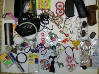 VARIETY BOX, TAGS, LABELS, DICE, BELL, TOYS, BEADS, GEMS, EYEGLASSES 