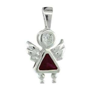 Sterling Silver July Birthstone Angel Pendant w/ Ruby Color Cubic 