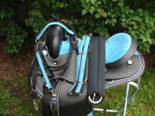 17 BLUE BLING BLACK WESTERN HORSE SADDLE ARAB BARREL HEADSTALL COLLAR 