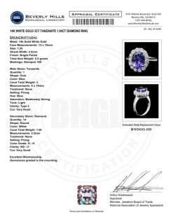 9000 CERTIFIED 14K WHITE GOLD 3CT TANZANITE 1.00CT DIAMOND RING 