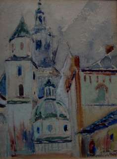 Watercolor. Church towers, signed. Eastern Europe (22)  