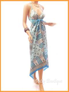 Light Blue Floral Satin Long Maxi Summer Dress, S M L  