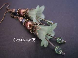 Vintage Style Green Lucite Flower Glass Beaded Filigree Earrings 