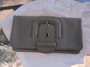 Tods leather clutch bag neutral gray silver hardware buckle trim new 