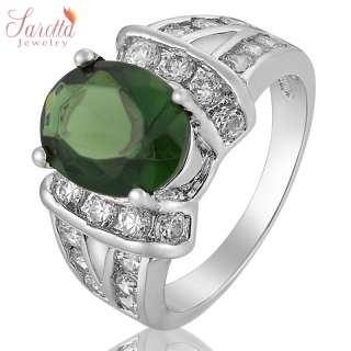   Green Emerald White Gold GP Ring Lady Fashion Jewelry Size 7/O  