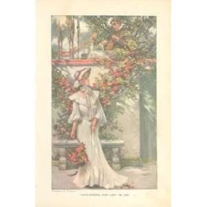   1906 W D Stevens Print Victorian Lady in Rose Garden 