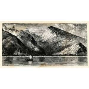 1879 Wood Engraving Shore Tahiti Boat Sailing Mountain Sargent Art 