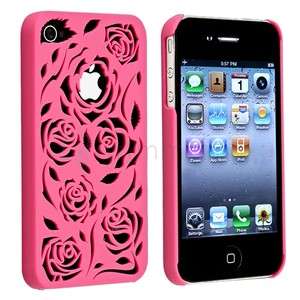 Pink Carving Flower Rose Hard Cover case for iphone 4 4S Sprint AT&T 