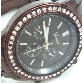 Chocolate Brown Metal Band Crystal Accented Geneva Watch