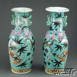 PAIR Chinese Famille Rose Porcelain Bottle Vases, Dragons, 19th 