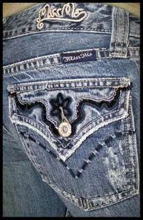 Womens MISS ME JEANS Embroidered TRIANGLE FLAP POCKETS Bootcut BUCKLE 