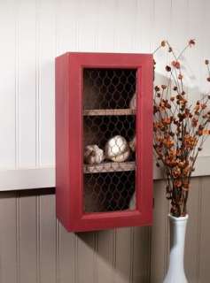   OR VERTICAL RED WALL CABINET WITH SHELVES ~ CHICKEN WIRE ON THE DOOR