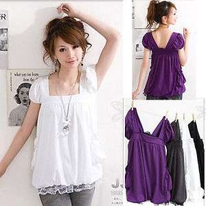 Chic Women Casual Bubble Short Sleeve Square Neck Loose T shirt Top 