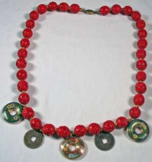 Cinnabar vintage beads, charms & Chinese coins necklace  
