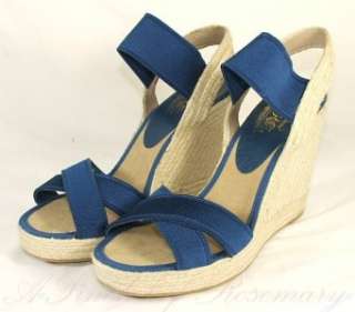Nine 9 West Jaxson Platform Raffia Wedge Heels Sandals Shoes Blue 9.5 