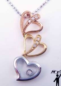 New 18K White Yellow Rose Gold Diamond Heart Floating Pendant 3 hearts 