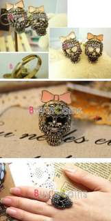 Fashion Cute Vintage Skull Head Bowknot Rhinestone Ring  