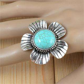   Antique Silver Plated Costume Turquoise Stone Flower Ring R130  