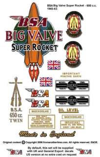 1958 63 BSA Big Valve Super Rocket Decals A10 Decals  