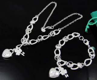 Silver EP Key Heart Necklace&Bracelet Party Set S35  
