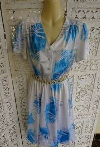 Vintage RETRO FERN Print SILKY Aqua & White 80s Vintage Dress 14 16 