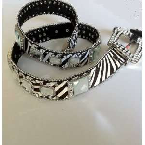   Leather Black & White Zebra Print Belt with Lots of Crystal Stones Ml