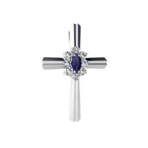  14K White Gold Marquise Genuine Sapphire Cross Pendant 
