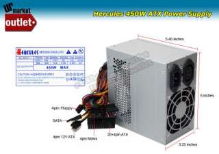 Hercules Silver 450W Silent ATX Power Supply PSU 20 24pin SATA Serial 