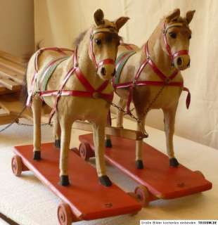ANTIQUE HORSE TEAM w. 2 ANTIQUE HORSES & ANTIQUE WOODEN CART COACH 