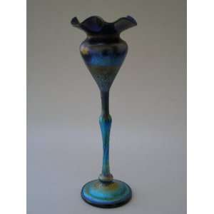  Blue Aurene Flower Form Vase with Red Pulled Feather 