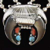 Sterling Silver Turquoise Coral Faux Bear Claw Necklace  