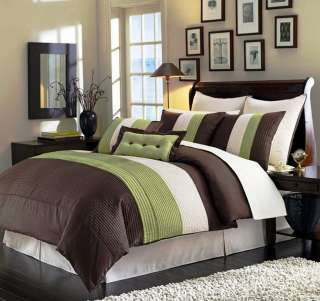 8pcs Beige Green Brown Stripe Comforter (90 X 92) Bed in a bag Set 