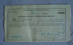 RARE 1926 Berks County PA Retail License Certificate  