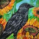 BLACK CROW Sunflower GICLEE of Painting RAVEN Bird Wildlife Autumn 