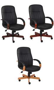 BLACK LEATHER DESK OFFICE CHAIR WITH WOOD BASE & ARMS B8376  