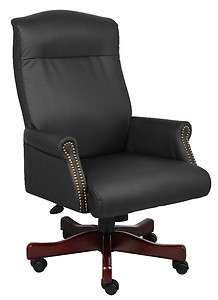 BLACK LEATHER OFFICE CHAIR WITH MAHOGANY FINISH WOOD CAPS B970  