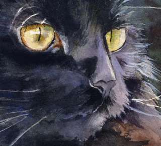 PRINT Watercolor Painting Black Cat Art Alert  