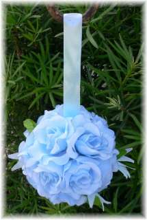 LIGHT BLUE ROSE BALLS Pew Bow Wedding Silk Flower Girl Pomander 