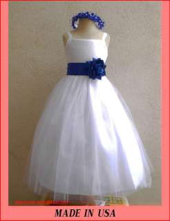 NEW FLOWER GIRL WEDDING PARTY DRESSES WHITE ROYAL BLUE  