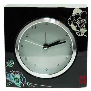 Silver J Wooden desk alarm clock, handmade mother of pearl gift, black 