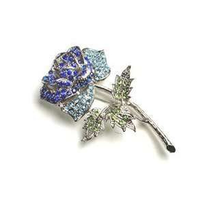  Blue Austrian Rhinestone Silver Tone Rose Flower Brooch 